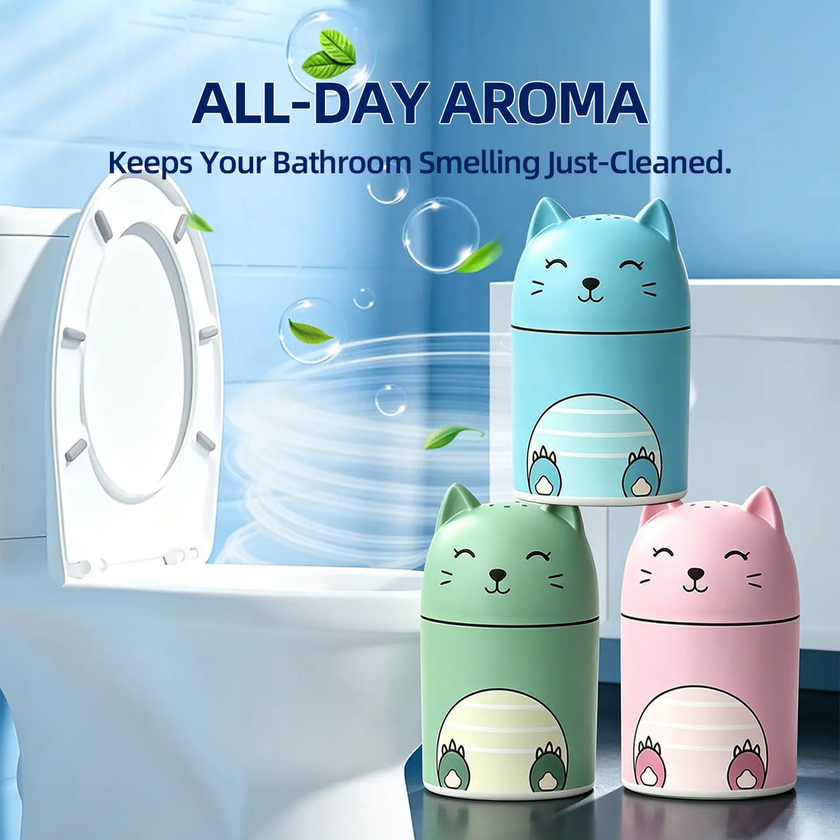 Toilet cleaner bottle set (featuring Ocean, Jasmine, Peach, Lemon, and Strawberry scents; tri-color design) with powerful cleaning tablets; suitable for indoor home use.